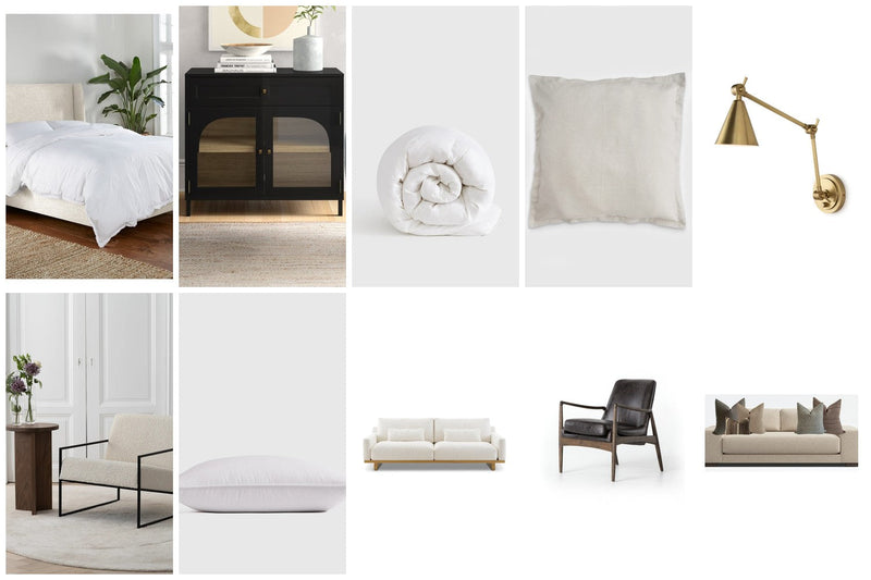 The 10 home pieces I link most in a product collage: an upholstered bed, black accent cabinet, down comforter, linen Euro sham, brass sconce, boucle armchair, bed pillow, cream sofa, leather chair and sofa pillows