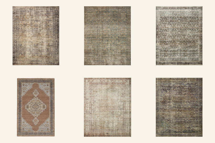 Six of Jennie's most-linked rugs in a grid: Loloi Morgan in Sunset/Ink, Sea/Sage and Navy/Sand, the Quince Chloe wool rug in Cognac, Loloi Margot in Antique/Sage and Morgan in Spice/Lagoon