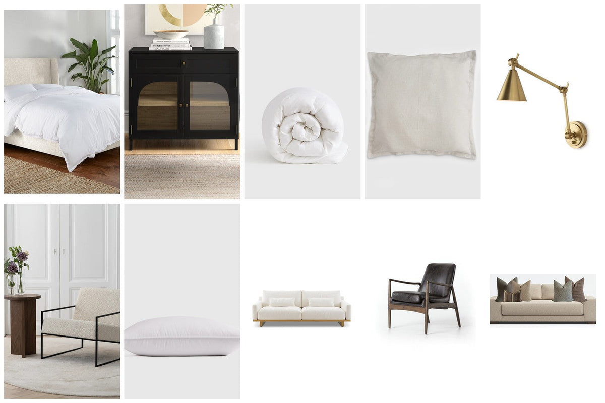 The 10 home pieces I link most in a product collage: an upholstered bed, black accent cabinet, down comforter, linen Euro sham, brass sconce, boucle armchair, bed pillow, cream sofa, leather chair and sofa pillows