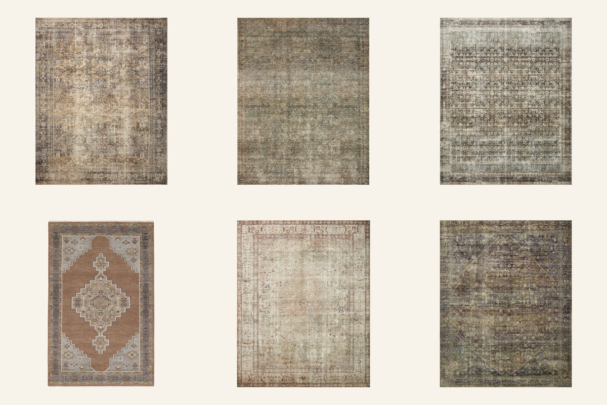 Six of Jennie's most-linked rugs in a grid: Loloi Morgan in Sunset/Ink, Sea/Sage and Navy/Sand, the Quince Chloe wool rug in Cognac, Loloi Margot in Antique/Sage and Morgan in Spice/Lagoon