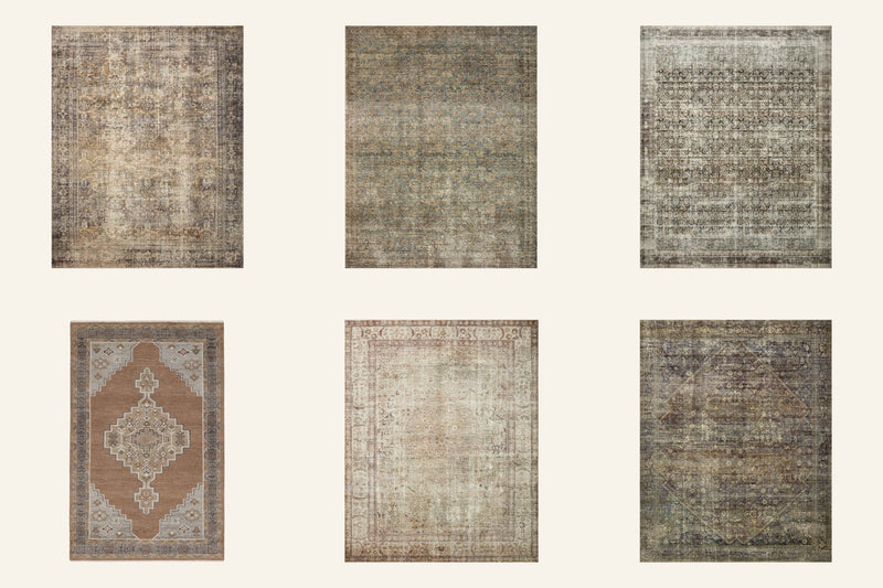 Six of Jennie's most-linked rugs in a grid: Loloi Morgan in Sunset/Ink, Sea/Sage and Navy/Sand, the Quince Chloe wool rug in Cognac, Loloi Margot in Antique/Sage and Morgan in Spice/Lagoon